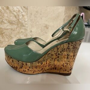 YSL mint green   Patent  leather drip cork wedge